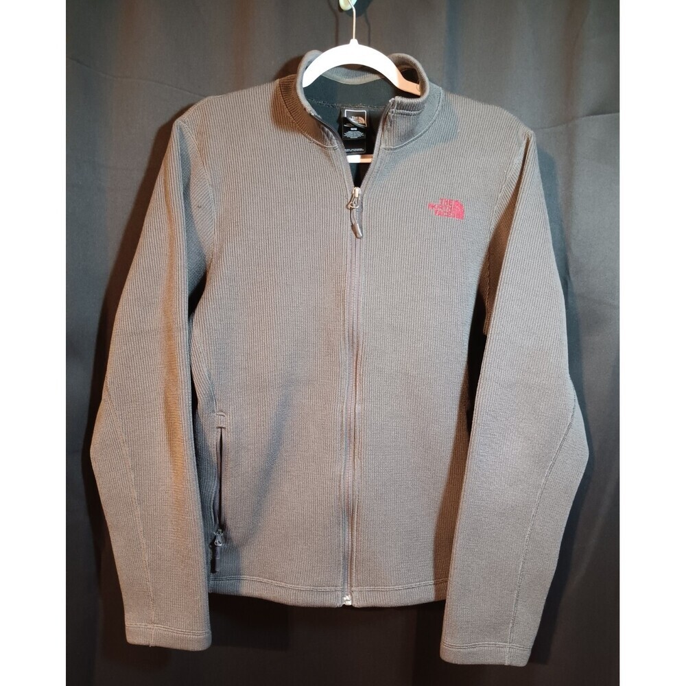 North Face M Gray Ribbed Jacket – Soft Warm Layer, Red Logo, Fall Ready
